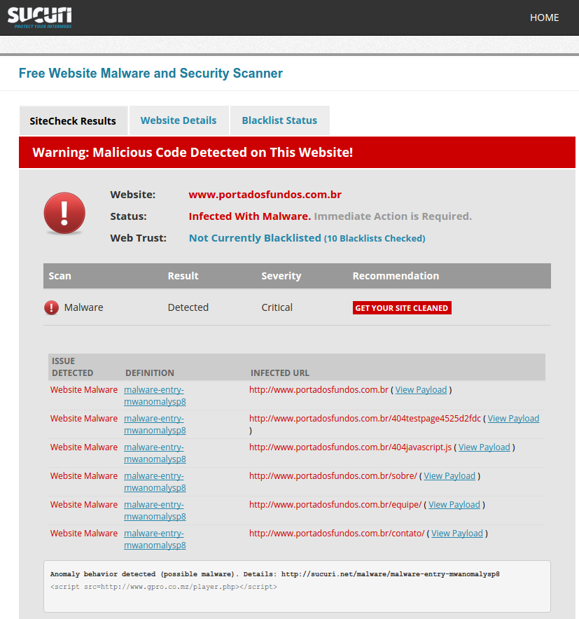 SiteCheck Found Malware on Porta dos Fundos