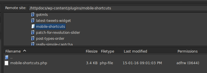 Site's File Structure shows Mobile-Shortcuts Plugin Folder 