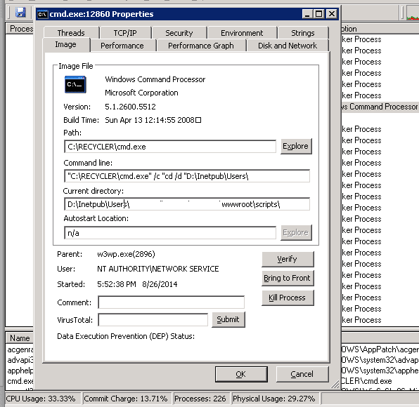 Set cmd.exe permissions to applications or sites served by IIS