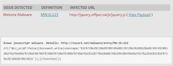Sucuri SiteCheck report: infected jquery.js on jquery.offput.ca