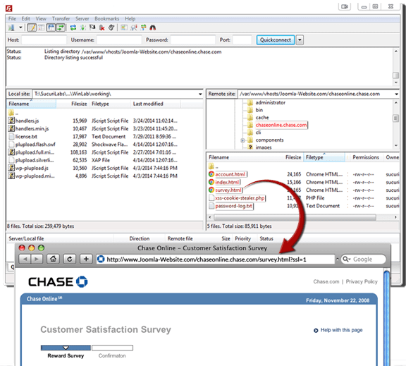 Infected Joomla website, phishing with fake Chase Bank page