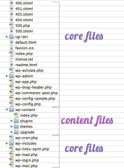 Core WordPress Files viewed in FTP program