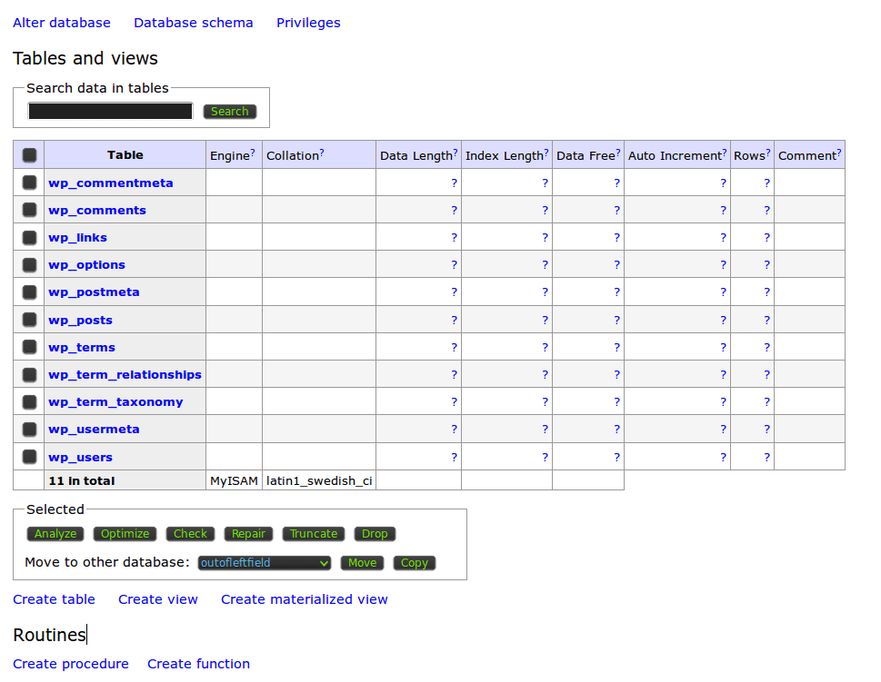 Adminer control panel.