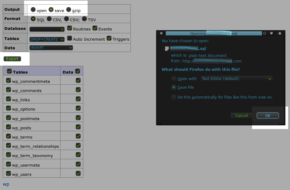 Save and Export from the Database Dump panel.