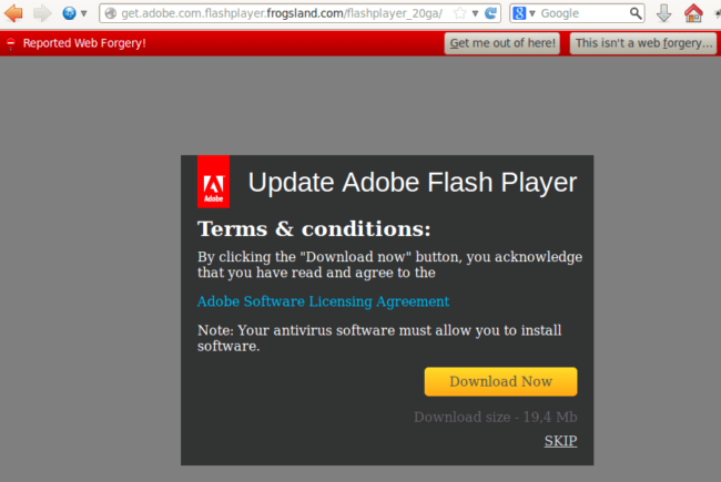 Fake Flash player update page
