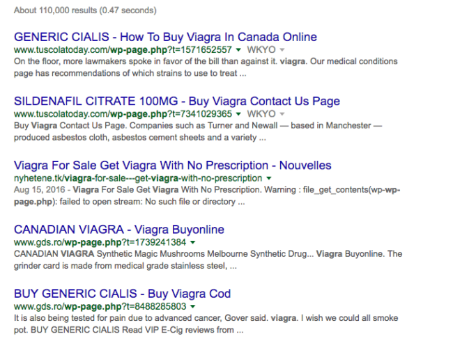 pharma hack Google results for wp-page and viagra