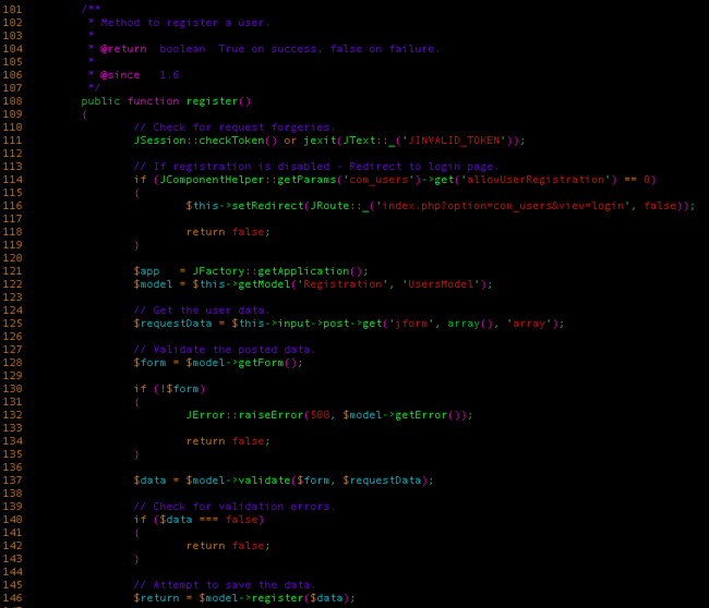 Joomla privilege escalation vulnerability snippet register method lacks checks