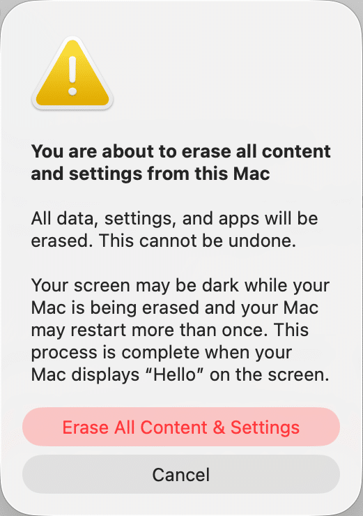 macOS erase all content and settings