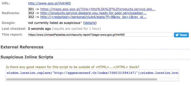 The redirect chain in Unmask Parasites results