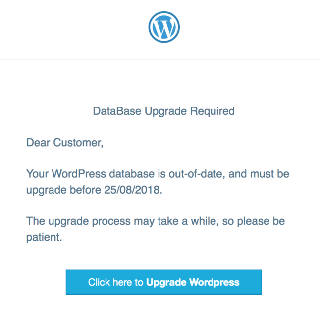 Fake WordPress database upgrade email