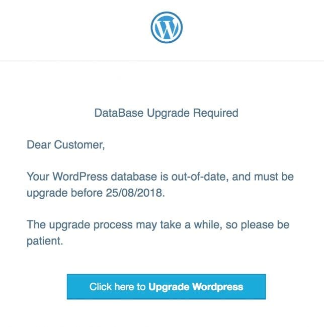 Fake WordPress Database Upgrade Message 