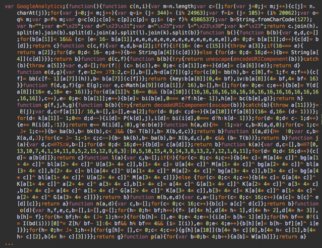 Obfuscated code masked as GoogleAnalytics
