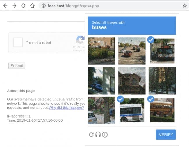 Fake Google reCAPTCHA using some static HTML elements and javascript