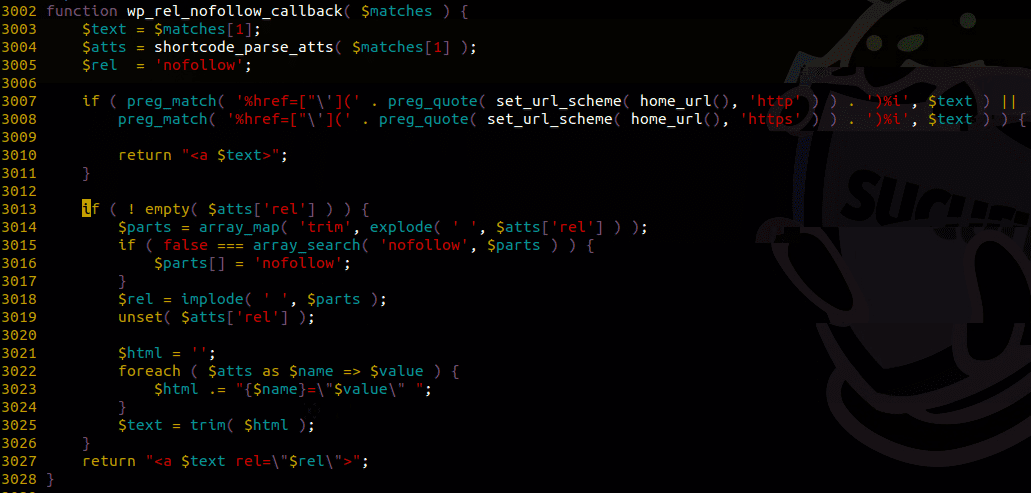 The XSS vulnerable snippet, in the wp_rel_nofollow_callback function