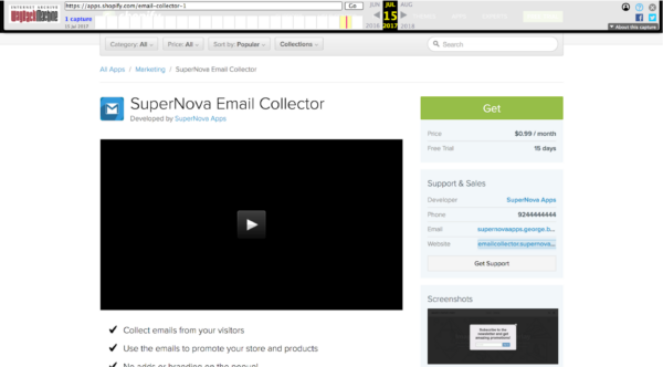 Wayback Machine snapshot with the SuperNova Email Collector app on Shopify