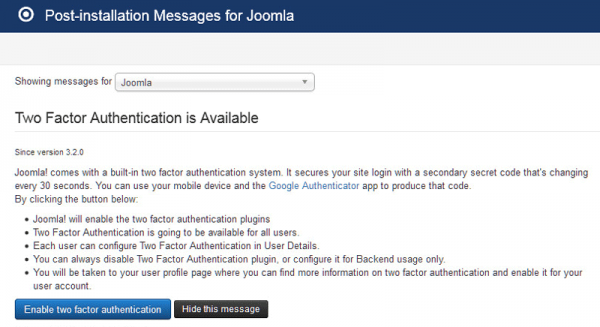 Post installation messages for Joomla!