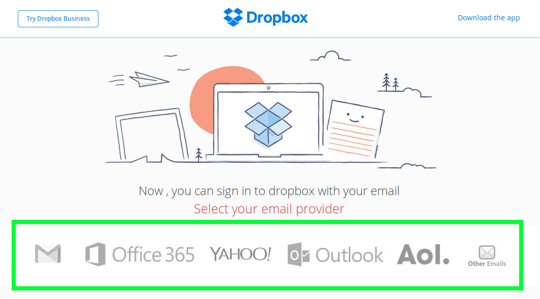 Dropbox phishing page woith list of email providers