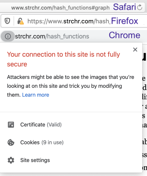 Example of mixed content warning with HTTPS