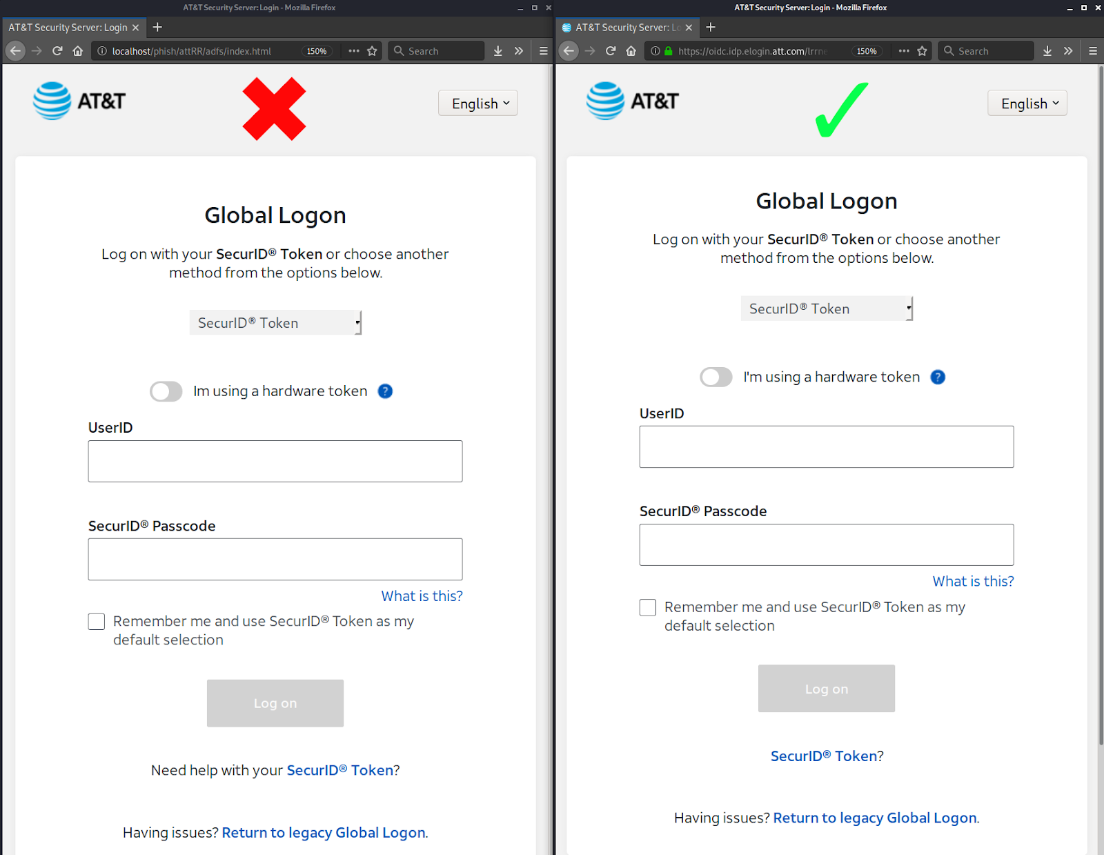 Side by side phishing page comparison