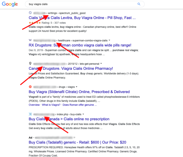 Evidence of a pharma hack and pharmaceutical spam in Google search results