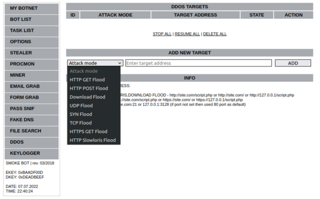 User interface of DDoS module