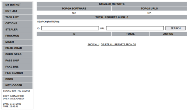 User interface of STEALER module