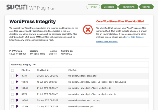 Sucuri Plugin Core File Modifications