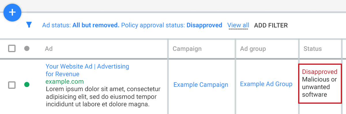 Google Ads policy approval status disapproved due to malicious or unwanted software