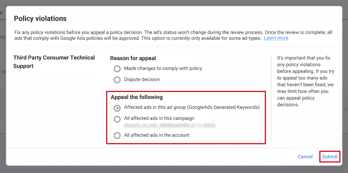 Google Ads policy violations appeal to comply with policy affected ads in the group
