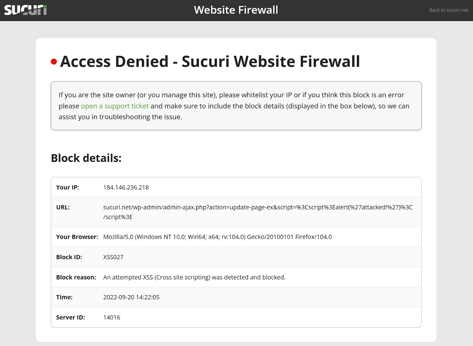 Example of the Sucuri Firewall virtually patching a known vulnerability