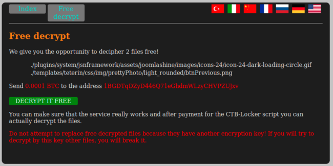 Example of website ransomware infection