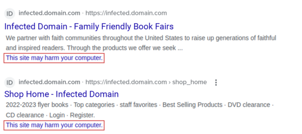 Google search result warning users about malicious software on infected domains