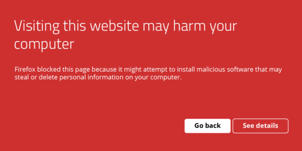 Browserwarnung „Der Besuch dieser Website kann Ihrem Computer schaden“ in Firefox.