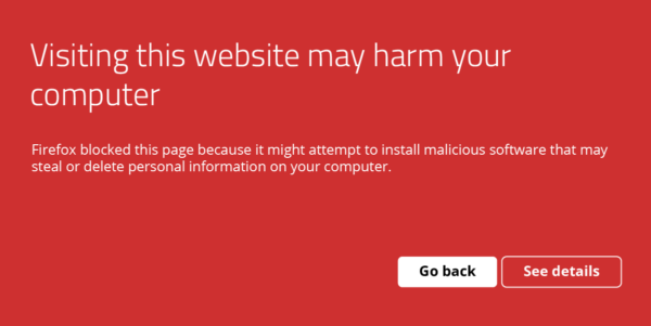 Browser warning “Visiting this website may harm your computer” in FireFox.
