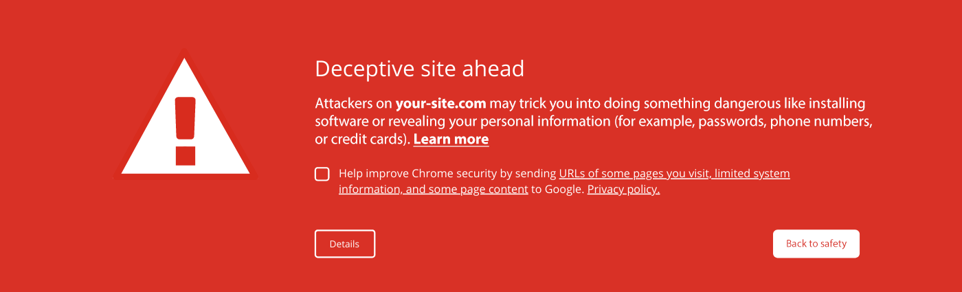 Example of a browser warning you might encounter when navigating to a hacked website.