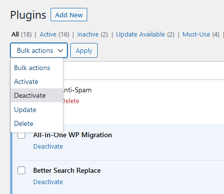 Deactivate plugins to troubleshoot WordPress issues