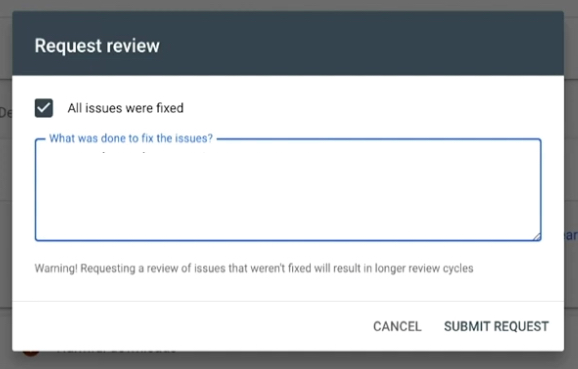 Request a website review with Google