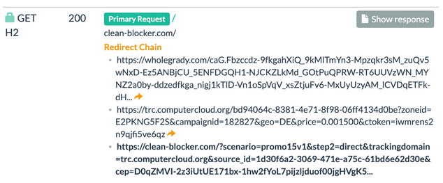 Redirect chain from wholegrady[.]com to clean-blocker[.]com for wordpress malware injection