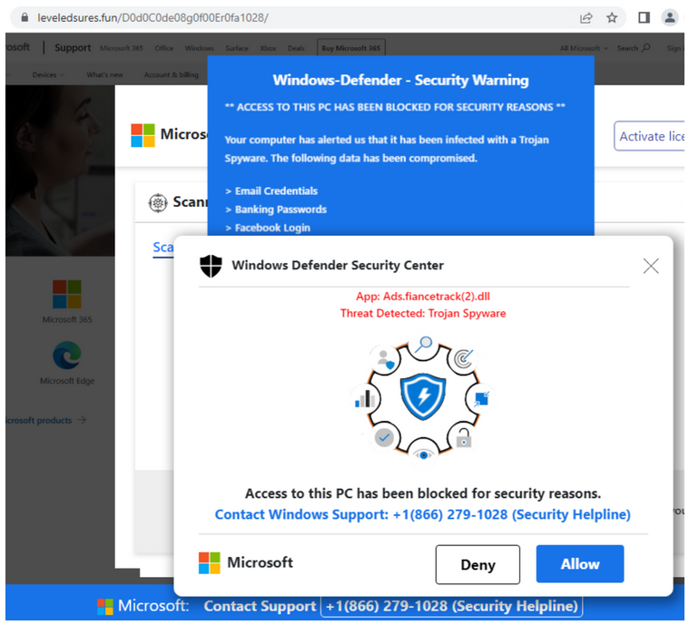 Fake Windows Defender Security Hotline popup