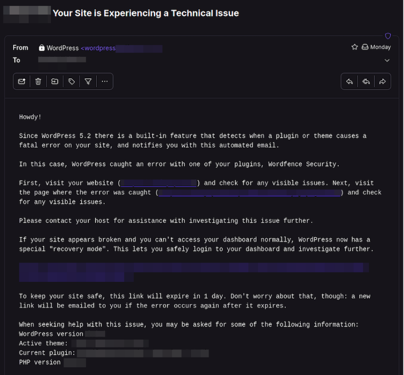 Your site is experiencing a technical issue WordPress admin email