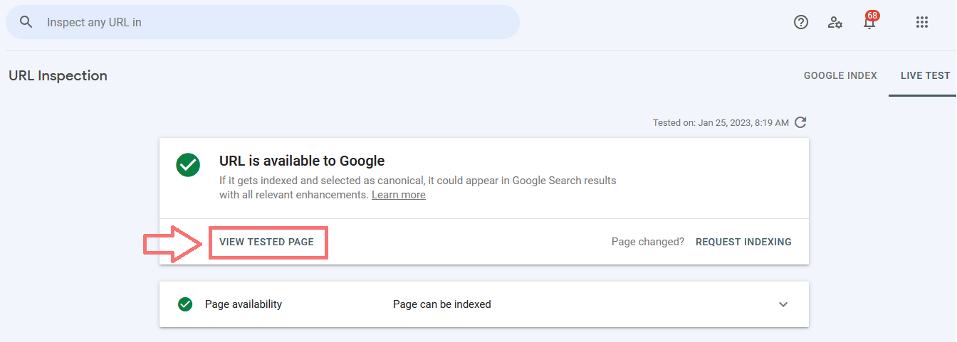 Inspect URL in Search Console