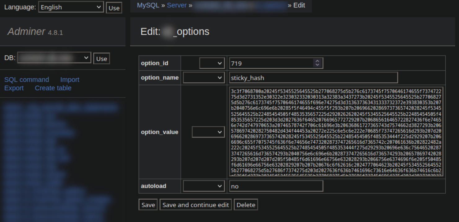 wp_options value with the option name sticky hash