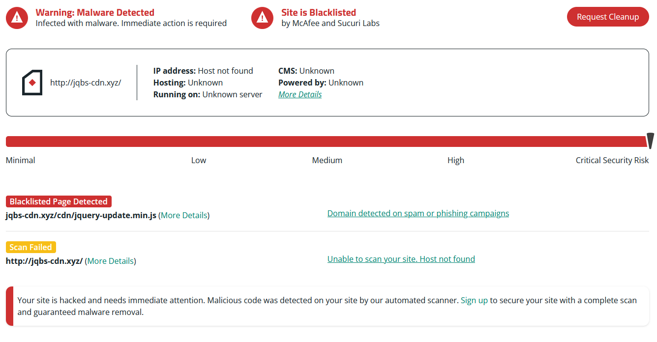 Resultados de escaneo de SiteCheck y estado de bloqueo de un sitio web infectado.