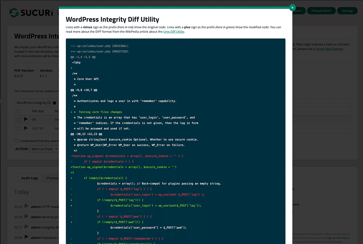 Results from WordPress file integrity diff in the Sucuri Security WordPress plugin.