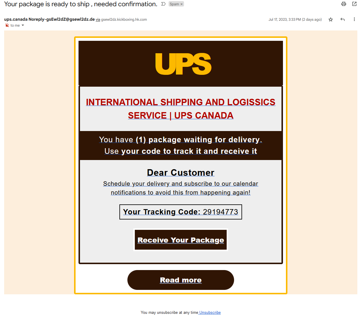 Example of a UPS phishing email